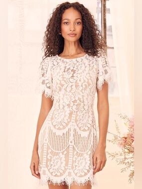 Lulu's Pearson Ivory Lace Short Sleeve Mini Dress